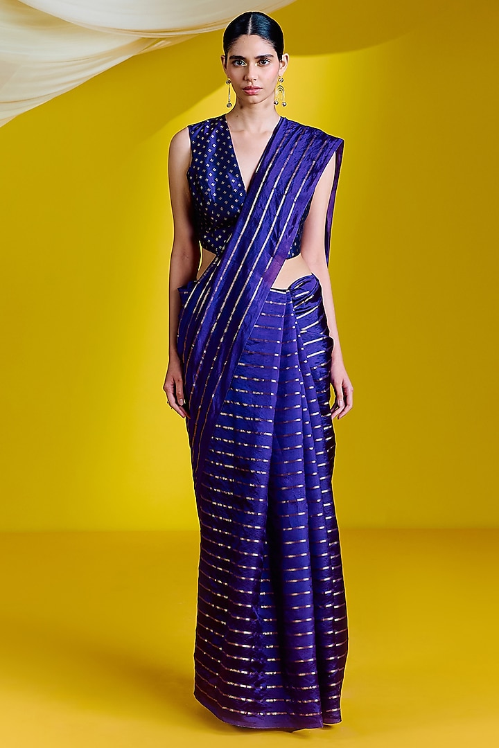 Purple Silk Handwoven Banarasi Kadwa Saree Set by Ekaya