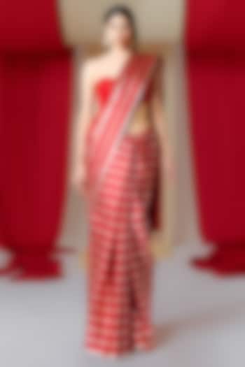 Red Silk Striped Handwoven Banarasi Kadwa Saree Set by Ekaya