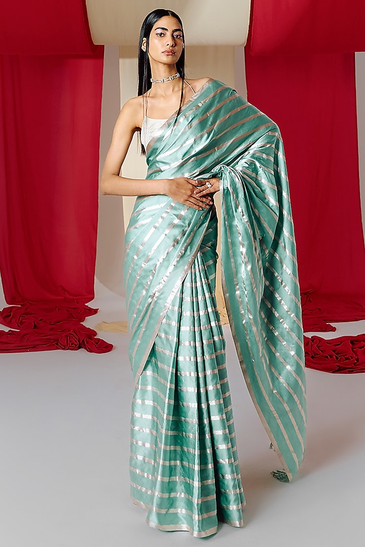 Green Silk Striped Handwoven Banarasi Kadwa Saree Set by Ekaya