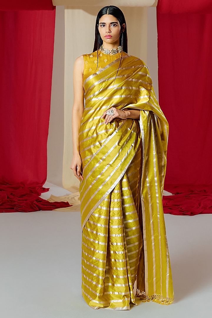 Yellow Silk Striped Handwoven Banarasi Kadwa Saree Set by Ekaya