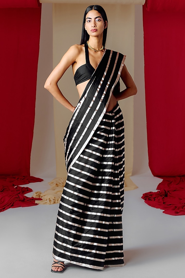 Black Silk Striped Handwoven Banarasi Kadwa Saree Set by Ekaya