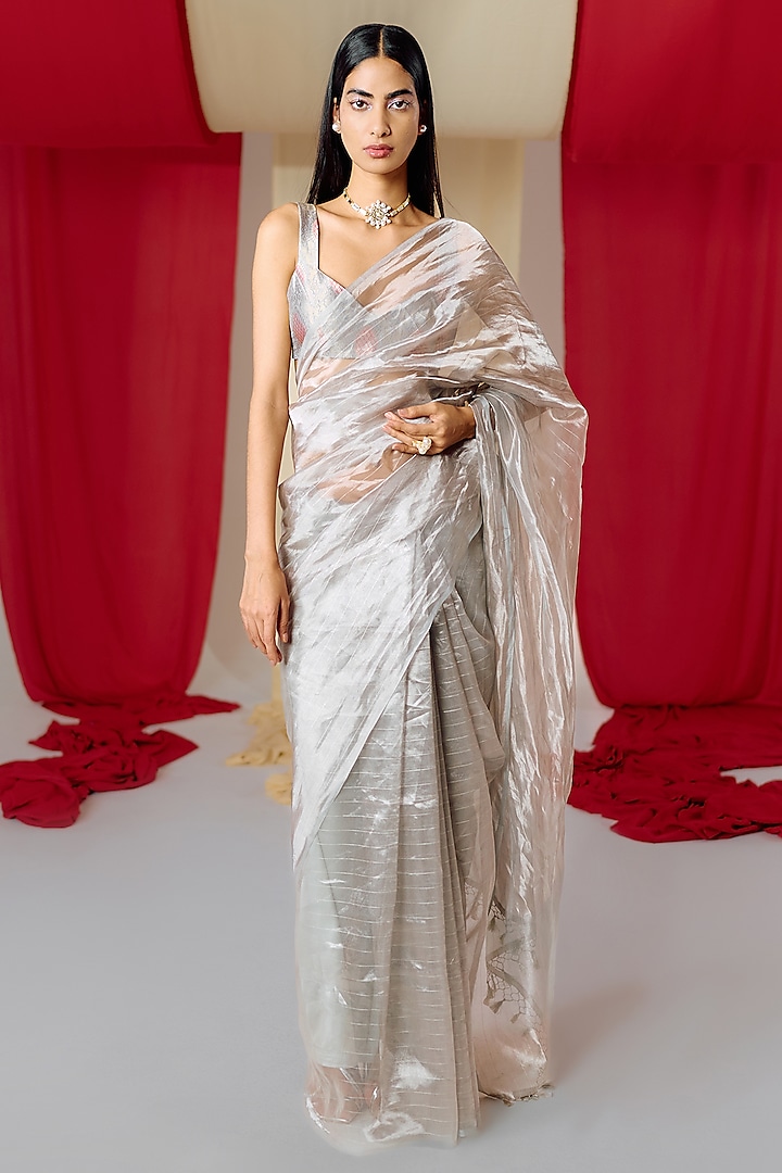 Grey Tissue Silk Handwoven Banarasi Kadwa Saree  by Ekaya