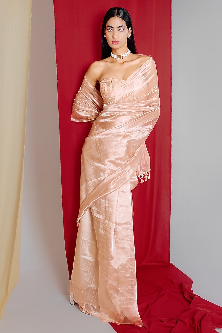 Peach Tissue Silk Handwoven Banarasi Kadwa Festive Saree by Ekaya at Pernia's Pop Up Shop