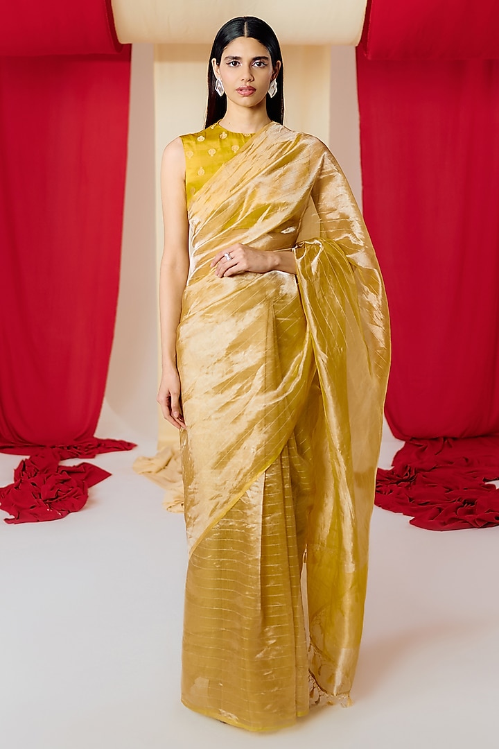 Yellow Tissue Silk Handwoven Banarasi Kadwa Saree  by Ekaya
