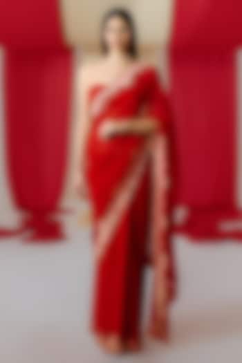 Red Georgette Banarasi Cutwork Handwoven Saree Set by Ekaya
