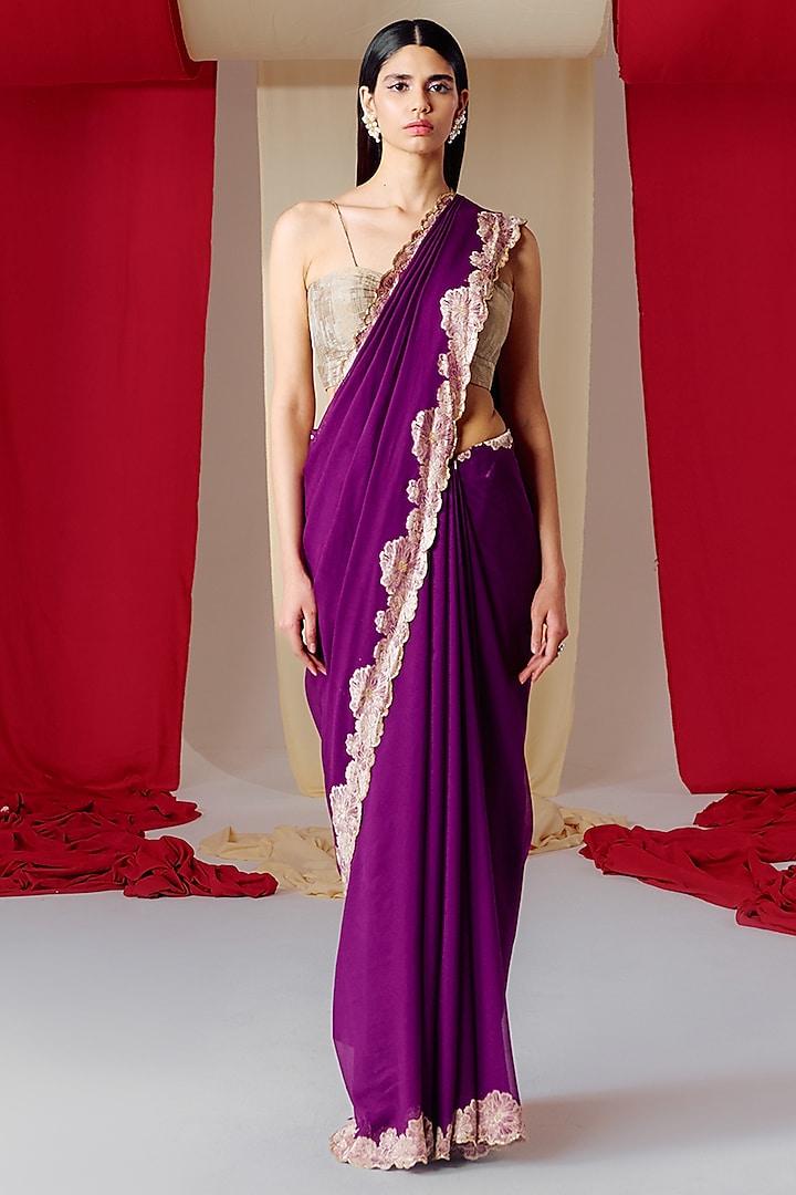 Purple Georgette Banarasi Cutwork Handwoven Saree Set by Ekaya