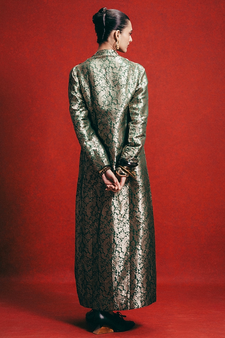 Bottle Green Handwoven Banarasi Kaftan by Ekaya at Pernia's Pop Up Shop