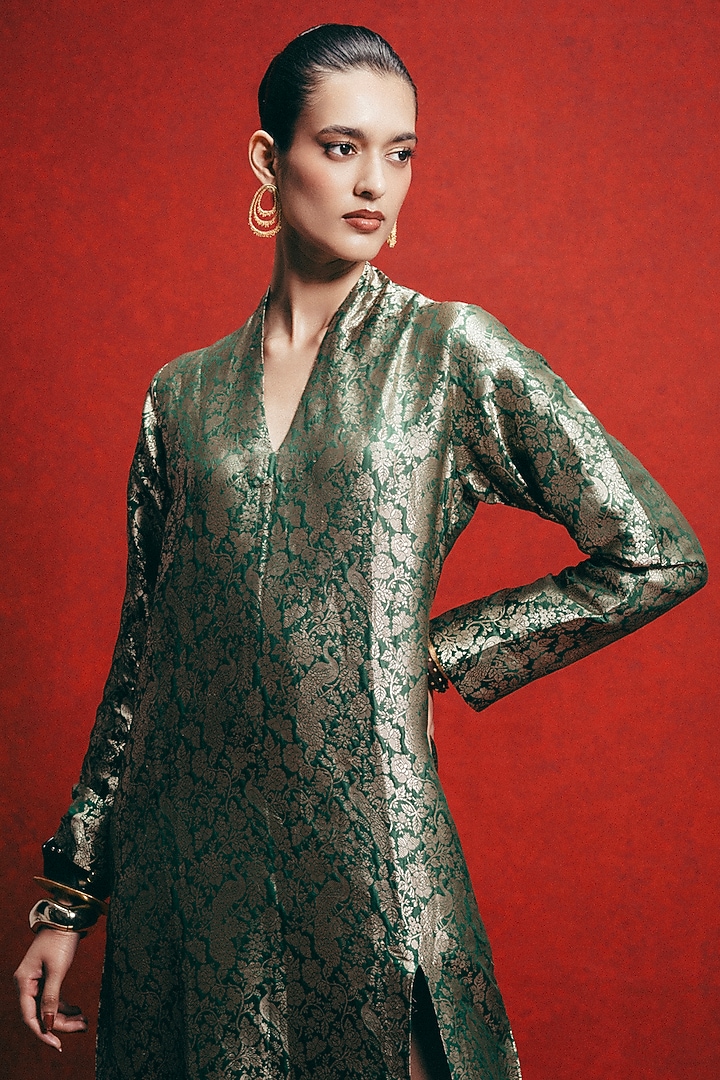 Bottle Green Handwoven Banarasi Kaftan by Ekaya at Pernia's Pop Up Shop