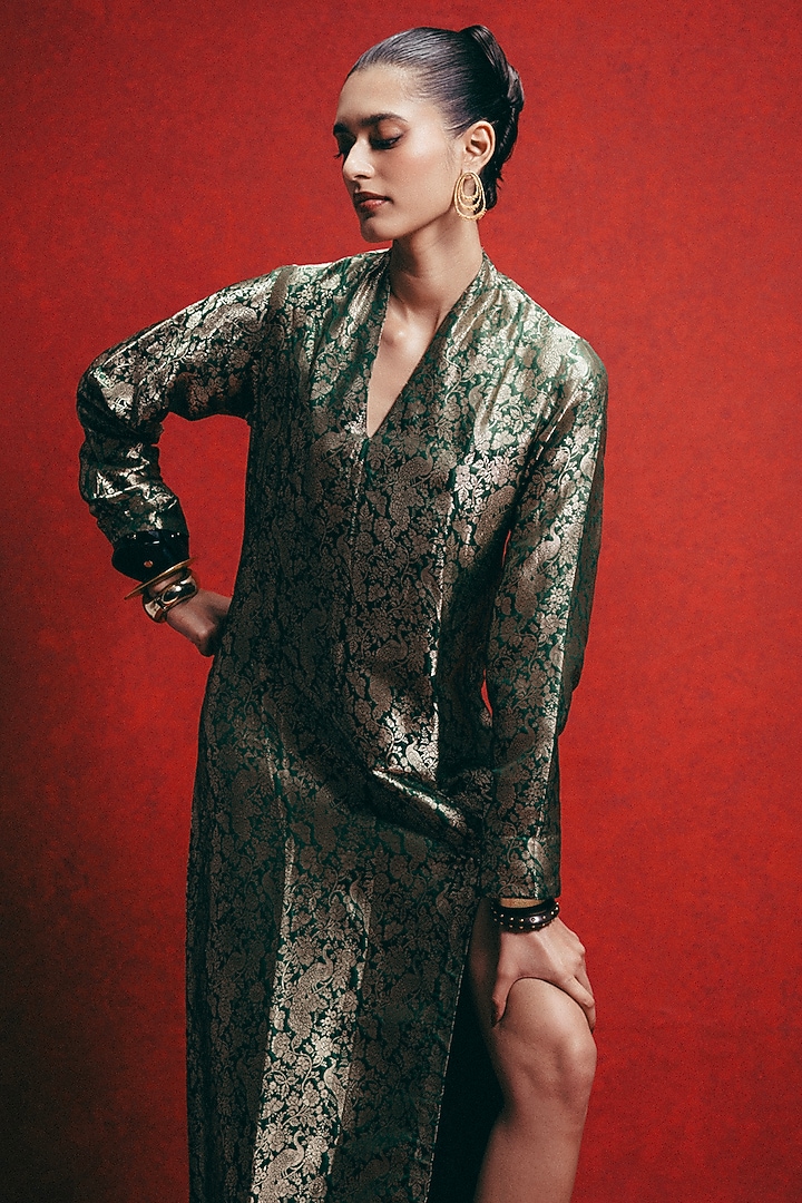 Bottle Green Handwoven Banarasi Kaftan by Ekaya at Pernia's Pop Up Shop