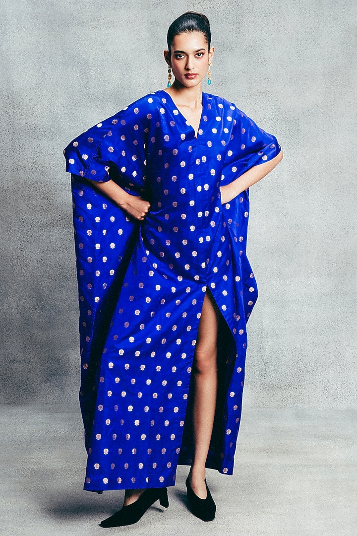 Blue Handwoven Banarasi Kaftan by Ekaya at Pernia's Pop Up Shop