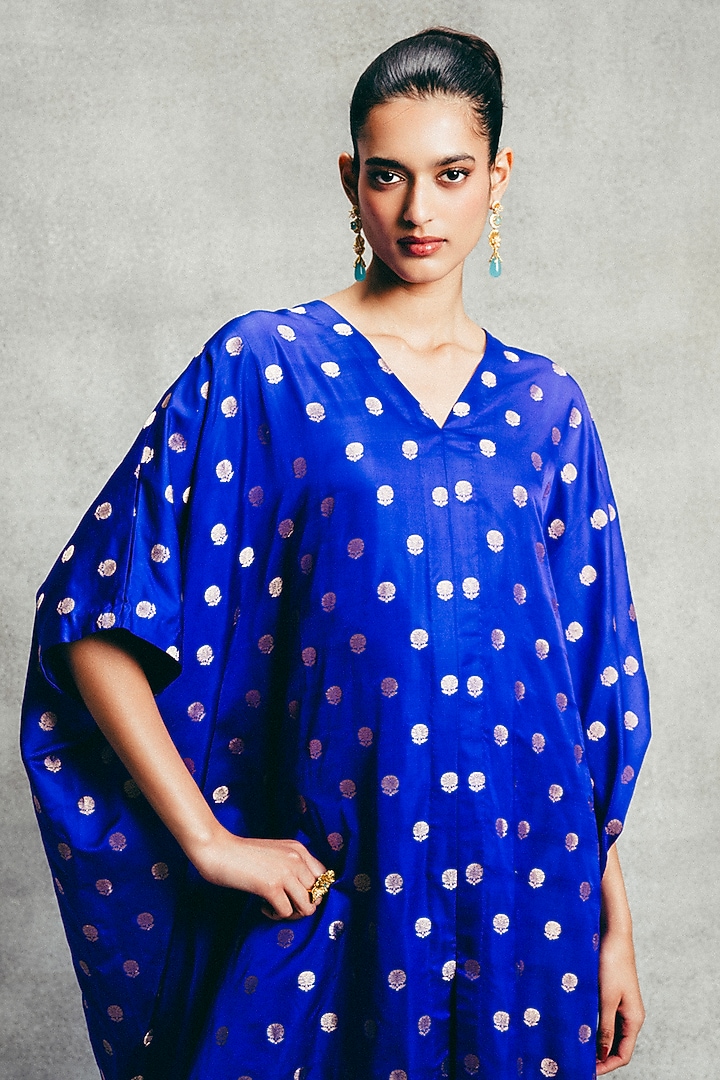 Blue Handwoven Banarasi Kaftan by Ekaya at Pernia's Pop Up Shop