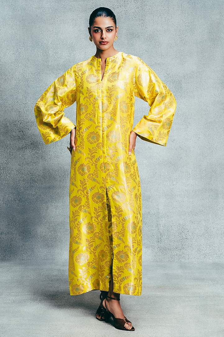 Yellow Handwoven Banarasi Kaftan by Ekaya at Pernia's Pop Up Shop