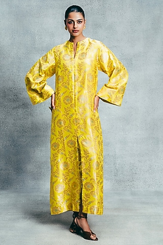Yellow Handwoven Banarasi Kaftan by Ekaya