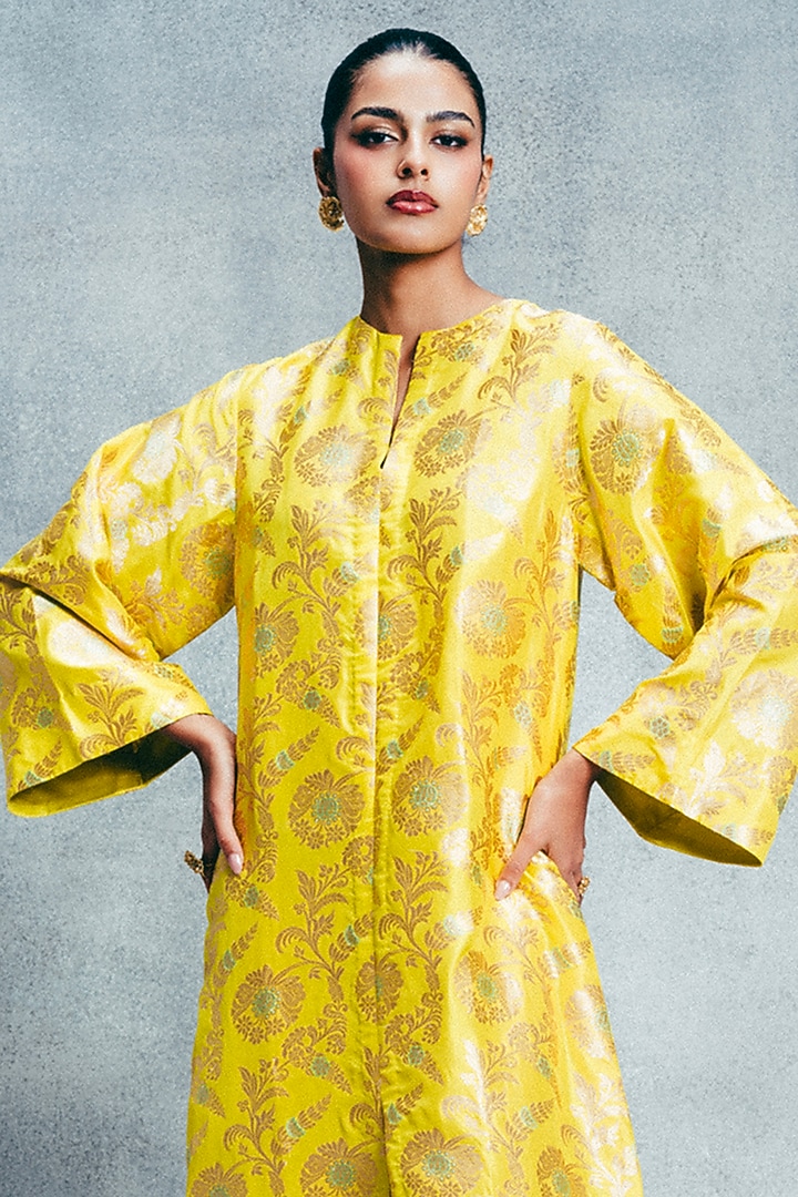 Yellow Handwoven Banarasi Kaftan by Ekaya at Pernia's Pop Up Shop