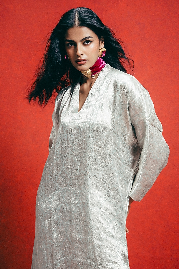 Sea Green Handwoven Banarasi Kaftan by Ekaya at Pernia's Pop Up Shop
