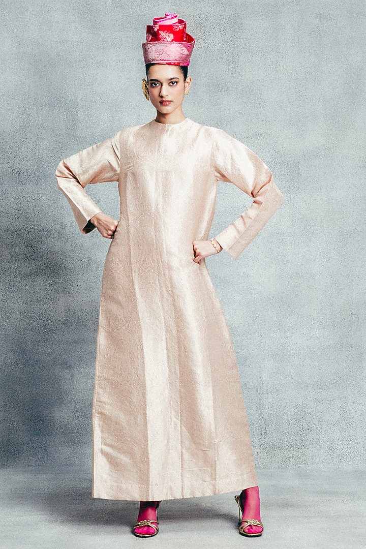 Champagne Gold Handwoven Banarasi Kaftan by Ekaya at Pernia's Pop Up Shop