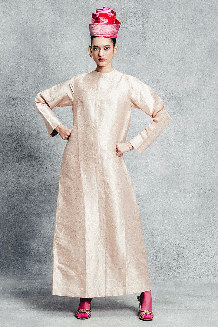 Champagne Gold Handwoven Banarasi Kaftan by Ekaya at Pernia's Pop Up Shop