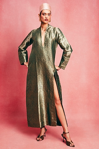Emerald Green Handwoven Banarasi Kaftan by Ekaya