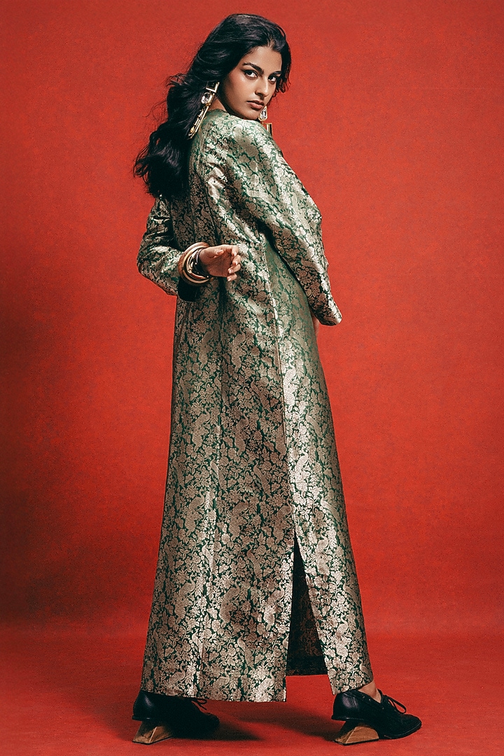 Sage Green Handwoven Banarasi Kaftan by Ekaya at Pernia's Pop Up Shop