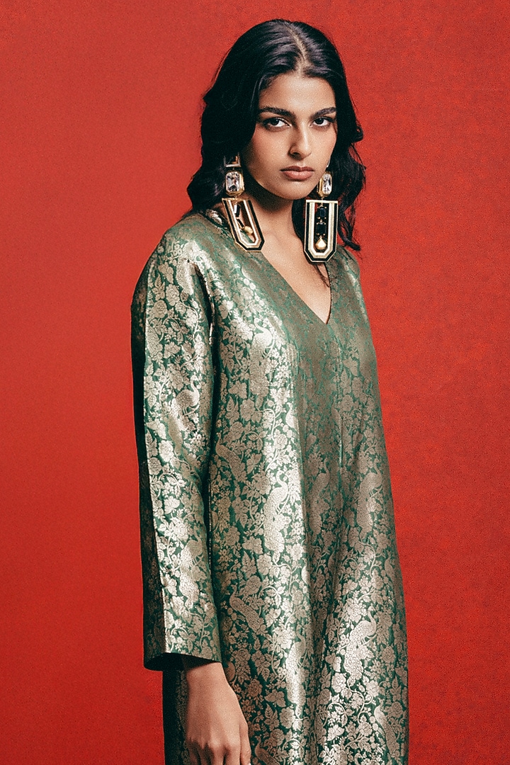 Sage Green Handwoven Banarasi Kaftan by Ekaya at Pernia's Pop Up Shop