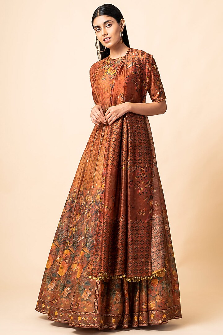 Rust Brown Printed Handwoven Wedding Anarkali Set by Ekaya at Pernia's Pop Up Shop