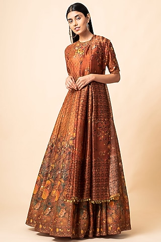 Rust Brown Printed Handwoven Anarkali Set by Ekaya