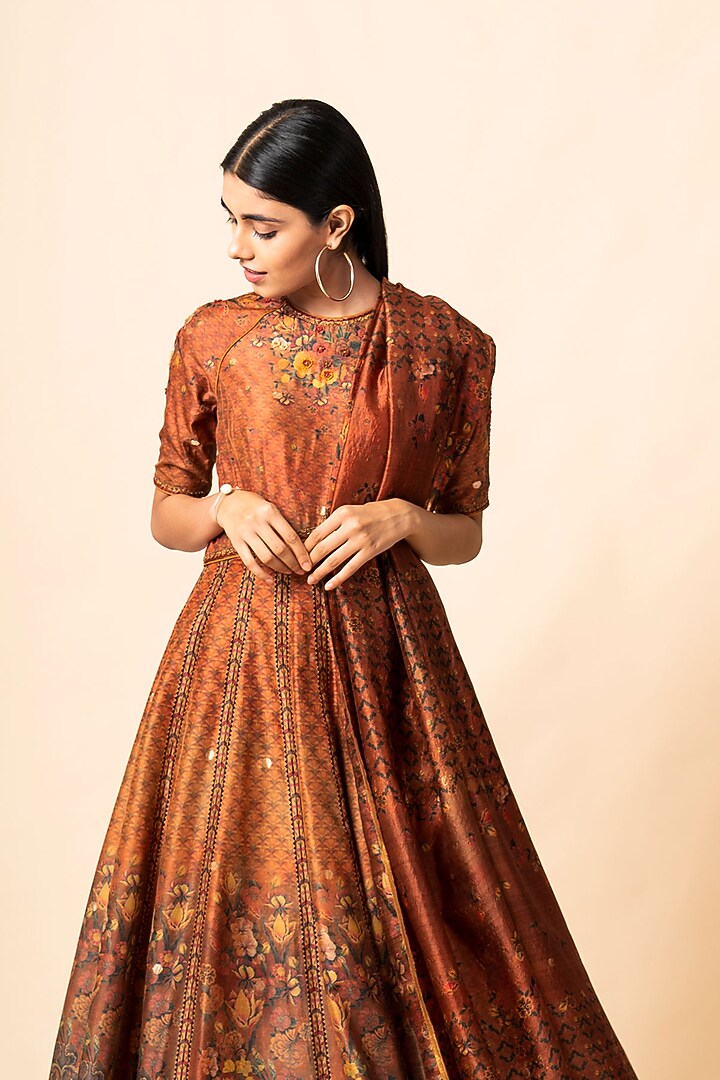 Rust Brown Printed Handwoven Wedding Anarkali Set by Ekaya at Pernia's Pop Up Shop