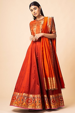 Maroon Handwoven Anarkali With Dupatta by Ekaya