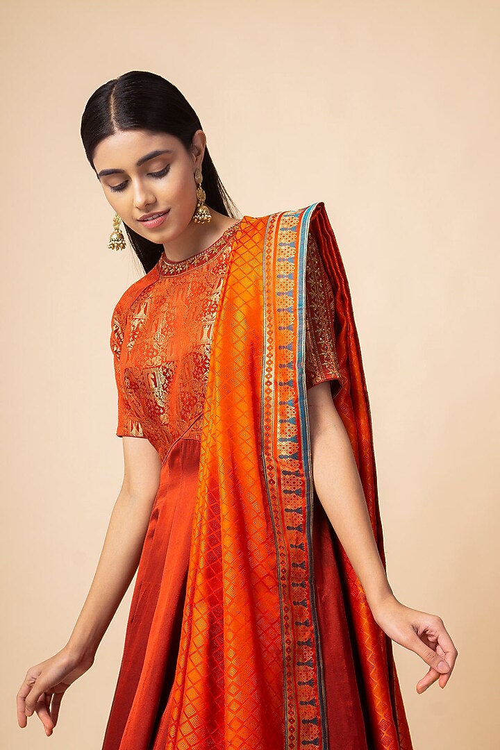 Maroon Handwoven Wedding Anarkali With Dupatta by Ekaya at Pernia's Pop Up Shop
