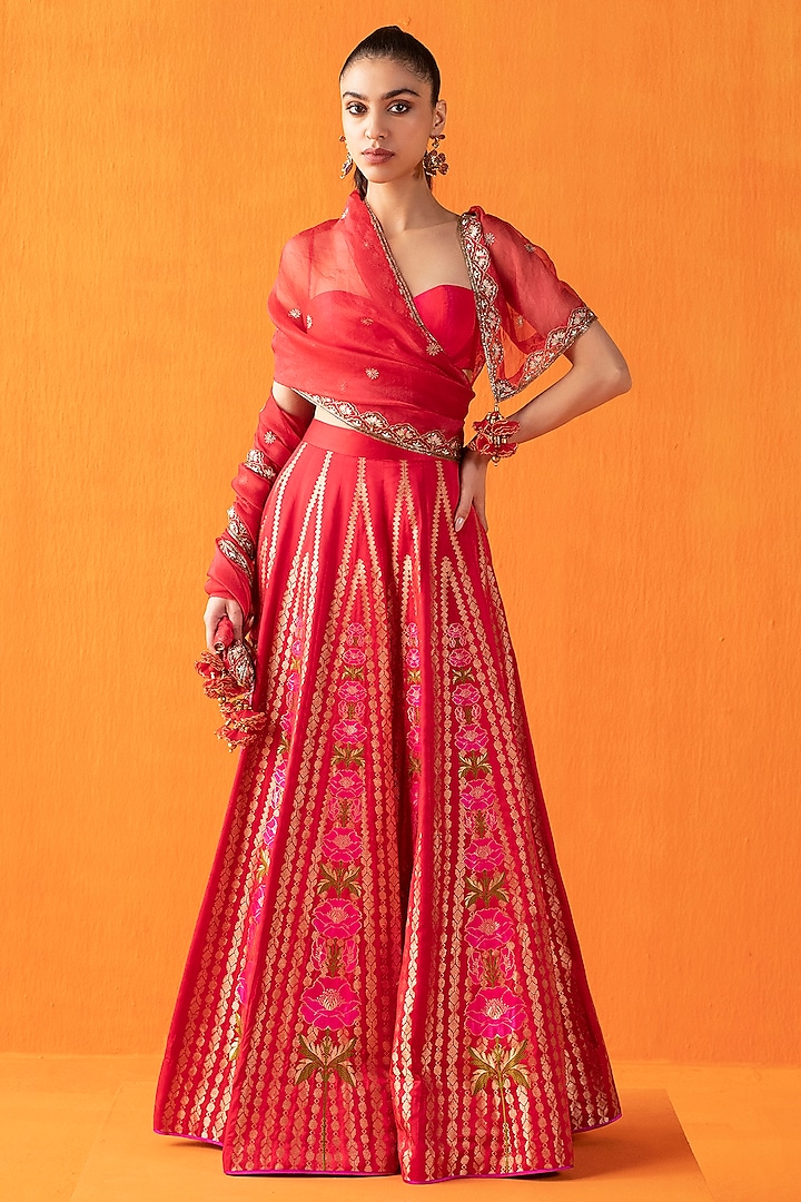 Red Silk Banarasi Kadhwa work Handwoven Lehenga Set by Ekaya