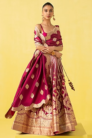 Magenta Silk Banarasi Kadhwa work Handwoven Lehenga Set by Ekaya