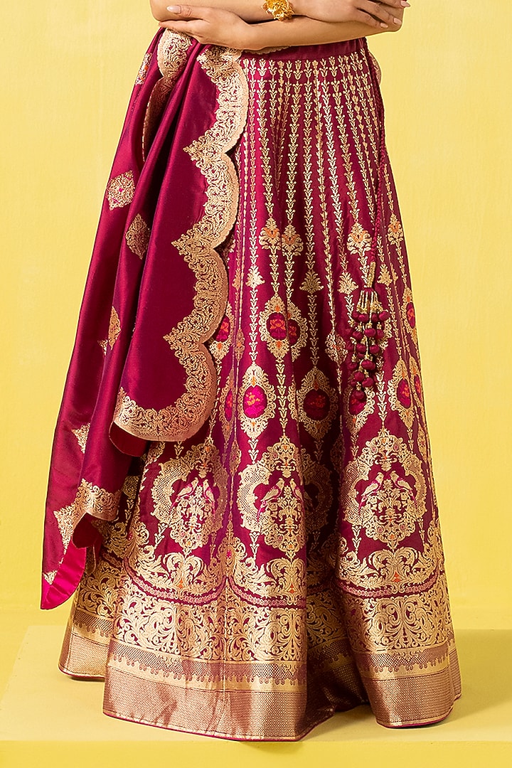 Magenta Silk Banarasi Kadhwa work Handwoven Bridal Lehenga Set by Ekaya at Pernia's Pop Up Shop