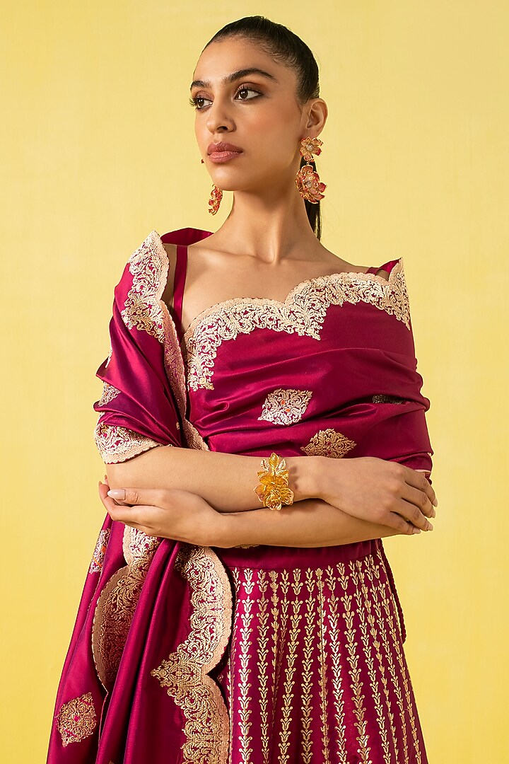 Magenta Silk Banarasi Kadhwa work Handwoven Bridal Lehenga Set by Ekaya at Pernia's Pop Up Shop