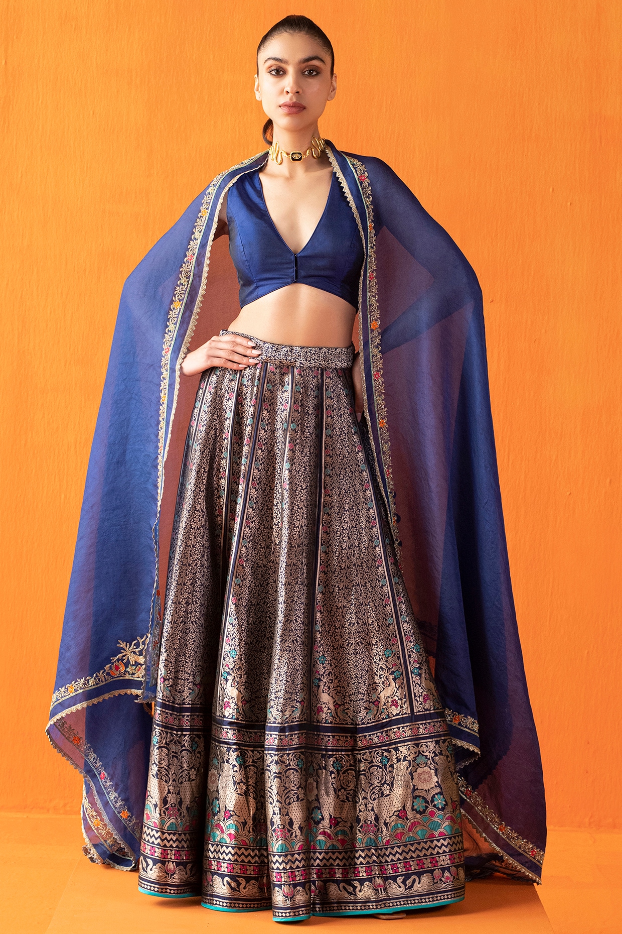 Blue Silk Zari & Banarasi Kadhwa Work Handwoven Bridal Lehenga Set by ...