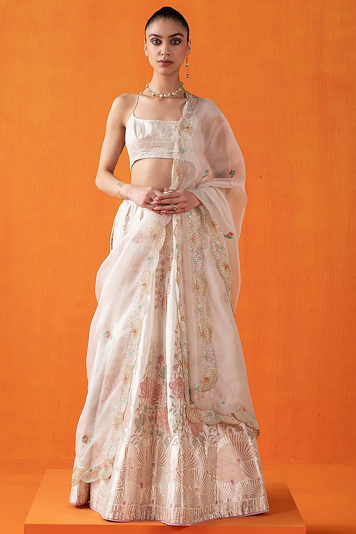 Cream Silk Banarasi Kadhwa Work Handwoven Lehenga Set by Ekaya