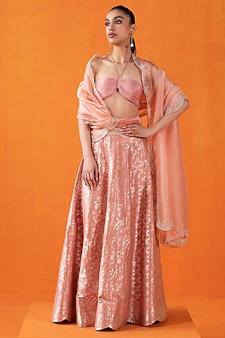 Peach Silk Banarasi Kadhwa Work Handwoven Lehenga Set by Ekaya