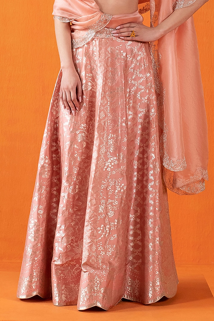 Peach Silk Banarasi Kadhwa Work Handwoven Wedding Lehenga Set by Ekaya at Pernia's Pop Up Shop