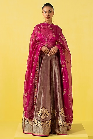 Garnet Silk Banarasi Kadhwa Work Handwoven Lehenga Set by Ekaya