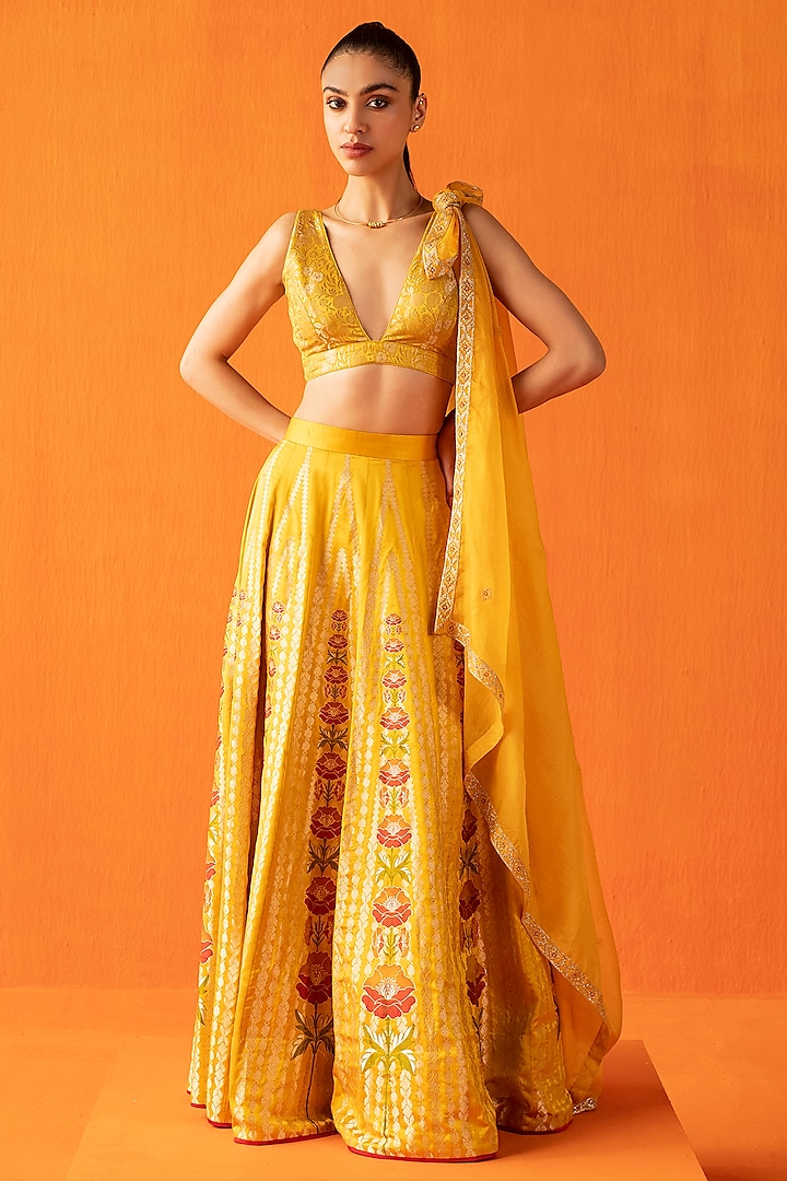 Yellow Silk Banarasi Kadhwa work Handwoven Lehenga Set by Ekaya