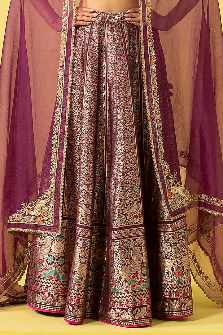 Garnet Silk Banarasi Kadhwa Work Handwoven Bridal Lehenga Set by Ekaya at Pernia's Pop Up Shop