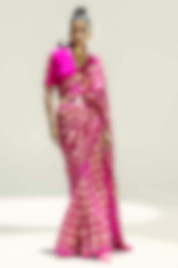 Rani Pink & Gold Pure Silk Houndstooth Handwoven Wedding Saree Set by Ekaya at Pernia's Pop Up Shop