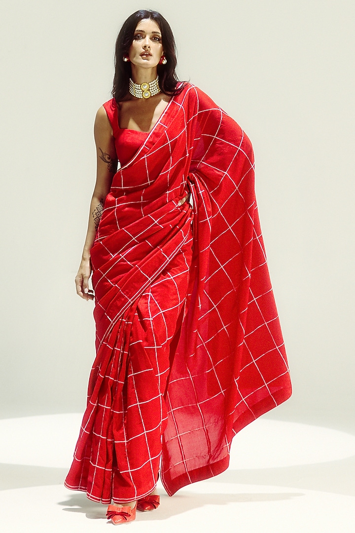 Radiant Red Pure Silk Banarasi Cutwork Handwoven Party Wear Saree Set by Ekaya at Pernia's Pop Up Shop