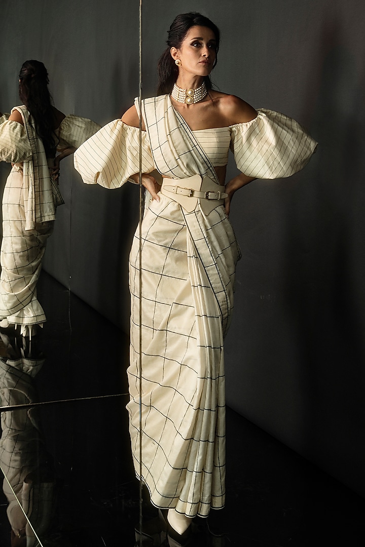 Vanilla White Pure Silk Banarasi Cutwork Handwoven Party Wear Saree Set by Ekaya at Pernia's Pop Up Shop