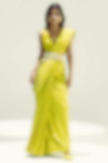 Lime Silk Pinstripe Handwoven Party Wear Saree Set by Ekaya at Pernia's Pop Up Shop