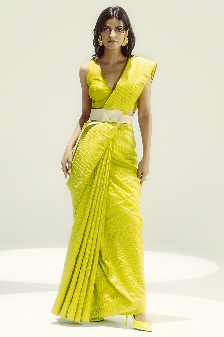 Lime Silk Pinstripe Handwoven Party Wear Saree Set by Ekaya at Pernia's Pop Up Shop