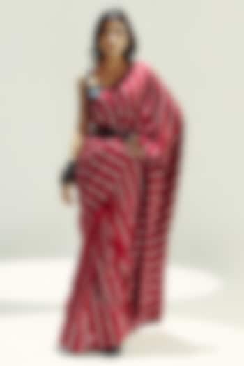 Gucci Red Silk Stripe Handwoven Party Wear Saree Set by Ekaya at Pernia's Pop Up Shop