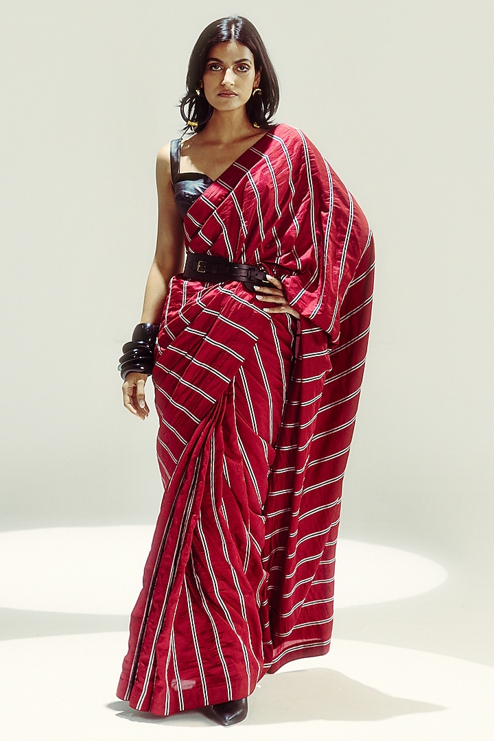 Gucci Red Silk Stripe Handwoven Party Wear Saree Set by Ekaya at Pernia's Pop Up Shop