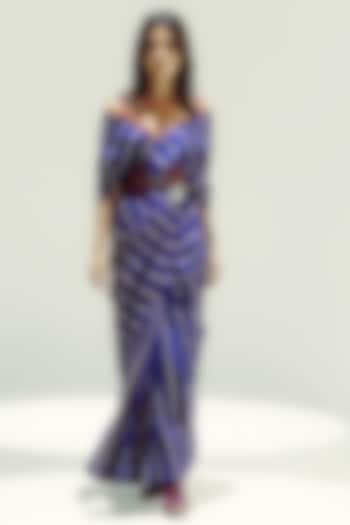 Navy Blue Silk Stripe Handwoven Party Wear Saree Set by Ekaya at Pernia's Pop Up Shop