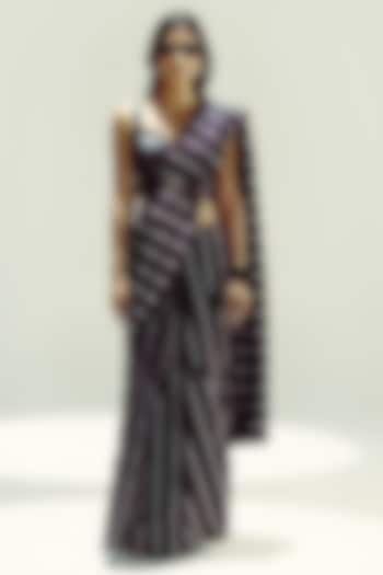 Black Silk Stripe Handwoven Party Wear Saree Set by Ekaya at Pernia's Pop Up Shop