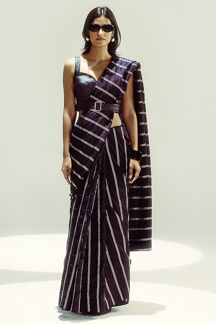 Black Silk Stripe Handwoven Party Wear Saree Set by Ekaya at Pernia's Pop Up Shop